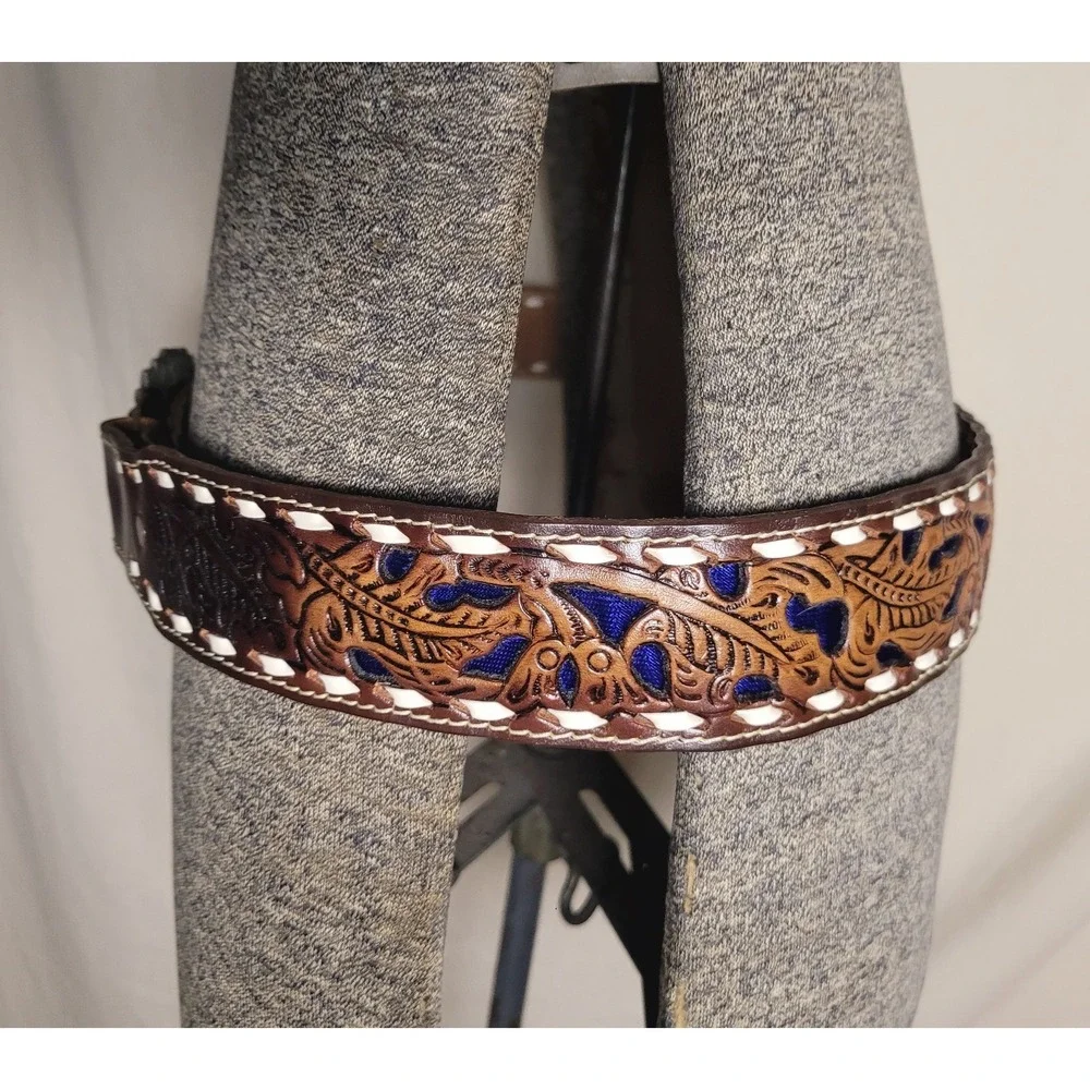 Vinatge‎ Texas Sterling Leather Belt Tooled Blue Inlay Buckle Eagle Western 36